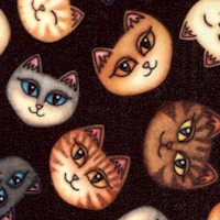 Meow - Tossed Cats Heads on Black by Dan Morris - SALE! (MINIMUM PURCHASE 1 YARD)