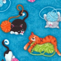 Kozy Kitties - Whimsical Cats and Yarn on Blue by Victoria Hutto