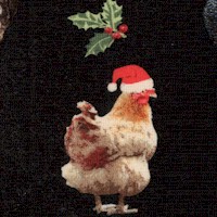 Holiday Roosters and Mistletoe on Black- SALE! (MINIMUM PURCHASE 1 YARD)