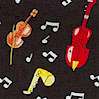 Frog Ensemble - Tossed Musical Instruments and Notes on Black - SALE! (MINIMUM PURCHASE 1 YARD)