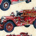 All Fired Up - Vintage Firetrucks on Tan by Dan Morris - LTD. YARDAGE AVAILABLE