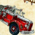 Five Alarm - Tossed Firetrucks, Symbols and Badges on Beige by Dan Morris