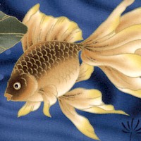 Nobu Fujiyama - Kingyo - Elegant Gilded Goldfish and Flowers on Blue