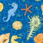 Sea - Tossed Seashells  Seahorses and Starfish on Blue