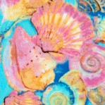 Fabulous Flamingos - Seashells on Turquoise by Ro Gregg