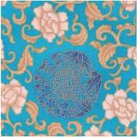 China Doll - Gilded Floral Bamboo and Asian Motifs on Blue Sateen