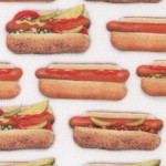 Chow Time - Rows of Small Scale Hot Dogs in Buns by Mary Lake-Thompson