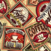 Coffee Shop - Tossed Coffee Shop Signs by Angela Anderson- LTD. YARDAGE AVAILABLE (1.19 YARDS, MUST 