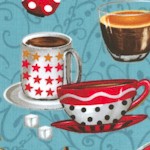 All About Coffee - Tossed Coffeepots and Cups on Blue- LTD. YARDAGE AVAILABLE (1.125 YARDS, MUST BE 