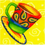 Spill the Beans - Tossed Coffee Cups on Yellow by Barb Tourtillotte