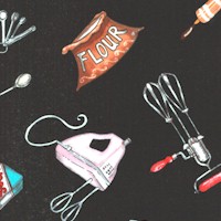 Tossed Baking Supplies and Equipment on Black by Jennifer Garant