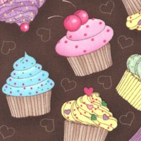 Cupcake Cuties - Tossed Cupcakes and Hearts on Brown