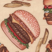 Top Nosh - Tossed Hamburgers, Cheeseburgers and French Fries on Beige by Dan Morris