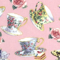 Teacups and Roses Tossed Teacups on Pink by Carol Wilson