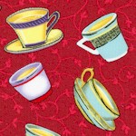 Land of Tea - Tossed Teacups on Red by Don Baker  - LTD. YARDAGE AVAILABLE