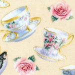 Teacups and Roses Tossed Teacups on Cream by Carol Wilson- LTD. YARDAGE AVAILABLE (.81 yard) MUST BE