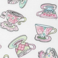 Tossed Pastel Teacups and Saucers on Ivory