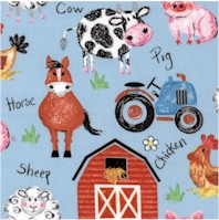 Coloring on the Farm - Animals and Equipment on Blue - SALE! (MINIMUM PURCHASE 1 YARD)