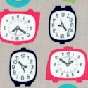 Gracie Girl - Retro Clocks on Silver - SALE! (MINIMUM PURCHASE 1 YARD)
