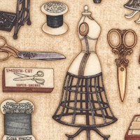 Seams Like Old Times - Tossed Vintage Sewing Equipment and Supplies on Beige by Dan Morris