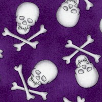 Moondance - Tossed Skulls and Crossbones on Purple - SALE! (MINIMUM PURCHASE 1 YARD)