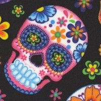 Skulls on Black with Flowers - SALE! (MINIMUM PURCHASE 1 YARD)