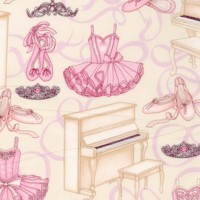 Bella Ballerina - Tossed Ballet Costumes, Accessories and Pianos on Beige by Dan Morris