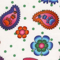 Caterwauling - Flowers, Paisley and Pawprints in Colors on White by Sue Marsh