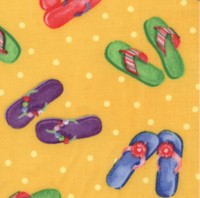 Ocean View - Tossed Colorful flip-flops on Polka-Dotted Gold by Paul Brent