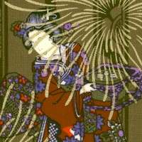 Kimono Rose - Gilded Geishas and Mums on Green Stripe