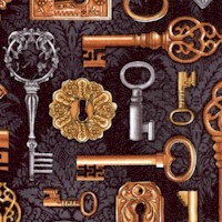 Time Machine - Vintage Keys and Keyholes on Gray Damask