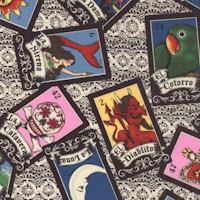 Loteria - Tossed Mexican Lottery Cards on Antique Lace Background