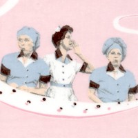 Lucy and Ethel at the Chocolate Factory on Pink FLANNEL by Nick & Nora