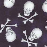 Moondance - Tossed Skulls and Crossbones on Black/Purple - SALE! (MINIMUM PURCHASE 1 YARD)