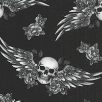 Winged Skulls and Roses on Black - SALE! (MINIMUM PURCHASE 1 YARD)