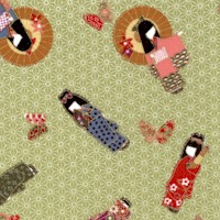 Little Tokyo - Tossed Gilded Geishas ad Butterflies on Textured Green