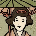 Sukiyaki Stroll - Geishas with Parasols on Khaki - SALE! (MINIMUM PURCHASE 1 YARD)