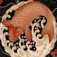 Kingyo - Gilded Asian Koi and Wave Medallions on Black