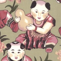 China Doll - Whimsical Monks on Green by Ro Gregg