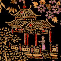 Shanghai - Gilded Pagodas on Black Sateen