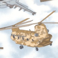 Tossed Military Helicopters and Airplanes in the Sky