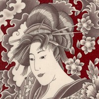 Orimono Collection - Elegant Geishas and Flowers on Burgundy