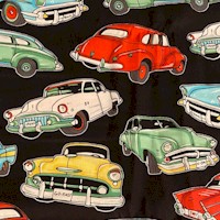 Road to Happiness - Tossed Retro Cars on Black by Swizzle Stick Studio