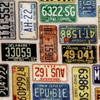 Motorin’ - Antique License Plate Collage on Beige by Dan Morris