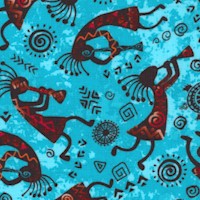 Tossed Kokopelli, Turtles, Drums and Decorative Symbols on Blue