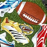 Sports Novelty - Tossed Footballs and Cleats on Green - SALE! (1 YARD MINIMUM PURCHASE)