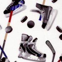 Power Play - Tossed Skates, Pucks and Sticks on White