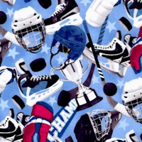 All Star Hockey - Tossed Skates, Helmets, Pucks, Sticks and Trophies on Blue