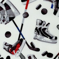 All Star Hockey - Tossed Skates, Sticks and Pucks on White