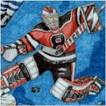 Face Off - Tossed Hockey Players on Blue by Dan Morris